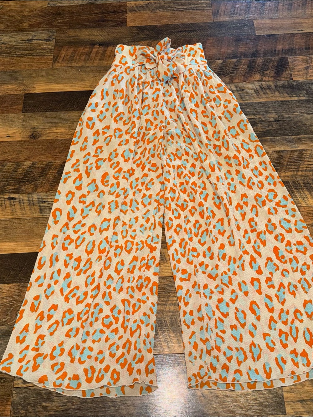 Free People Orange Blue & Cream Wide-Leg Tie-Waist Pants